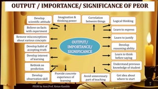PEOR by Asst.Prof. Ketan Kamble
7
OUTPUT/
IMPORTANCE/
SIGNIFICANCE
Logical thinking
Learn to justify
Learn to think
before saying
Provide concrete
experience of
learning
Imagination &
thinking power
Develop interest
of learning
Develop
reasoning ability
Correlation
between things
Learn to express
Understand previous
knowledge of student
Get idea about
where to start
Avoid unnecessary
part of teaching
Develop
observation skill
Rethink on
prediction
Develop habit of
accepting truth
Remove misconceptions
about various concepts
Believe on facts
with experiment
Develop
scientific attitude
 