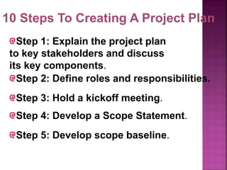 10 Steps To Creating A Project Plan
Step 1: Explain the project plan
to key stakeholders and discuss
its key components.
Step 2: Define roles and responsibilities.
Step 3: Hold a kickoff meeting.
Step 4: Develop a Scope Statement.
Step 5: Develop scope baseline.
 