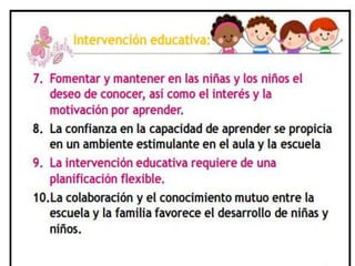 •6. LA IGUALDAD DE DERECHOS ENTRE NIÑAS Y NIÑOS SE
FOMENTA DESDE SU PARTICIPACIÓN EN ACTIVIDADES DE
SOCIALIZACIÓN Y APRENDIZAJE
INTERVENCIÓN EDUCATIVA
7. FOMENTAR Y MANTENER EN LAS NIÑAS Y LOS NIÑOS EL
DESEO DE CONOCER, ASÍ COMO EL INTERÉS Y LA
MOTIVACIÓN POR APRENDER
8. LA CONFIANZA EN LA CAPACIDAD DE APRENDER SE
PROPICIA EN UN AMBIENTE ESTIMULANTE EN EL AULA Y LA
ESCUELA
9. LA INTERVENCIÓN EDUCATIVA REQUIERE DE UNA
PLANIFICACIÓN FLEXIBLE
10. LA COLABORACIÓN Y EL CONOCIMIENTO MUTUO ENTRE
LA ESCUELA Y LA FAMILIA FAVORECE EL DESARROLLO DE
NIÑAS Y NIÑOS
 