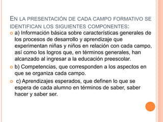 EN LA PRESENTACIÓN DE CADA CAMPO FORMATIVO SE
IDENTIFICAN LOS SIGUIENTES COMPONENTES:
 a) Información básica sobre características generales de
los procesos de desarrollo y aprendizaje que
experimentan niñas y niños en relación con cada campo,
así como los logros que, en términos generales, han
alcanzado al ingresar a la educación preescolar.
 b) Competencias, que corresponden a los aspectos en
que se organiza cada campo.
 c) Aprendizajes esperados, que definen lo que se
espera de cada alumno en términos de saber, saber
hacer y saber ser.
 