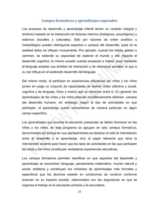 Campos formativos y aprendizajes esperados

Los procesos de desarrollo y aprendizaje infantil tienen un carácter integral y
dinámico basado en la interacción de factores internos (biológicos, psicológicos) y
externos (sociales y culturales). Sólo por razones de orden analítico o
metodológico pueden distinguirse aspectos o campos del desarrollo, pues en la
realidad éstos se influyen mutuamente. Por ejemplo, cuando los bebés gatean o
caminan, se extiende su capacidad de explorar el mundo y ello impacta el
desarrollo cognitivo; lo mismo sucede cuando empiezan a hablar, pues mediante
el lenguaje amplían sus ámbitos de interacción y de relaciones sociales, lo que a
su vez influye en el acelerado desarrollo del lenguaje.

Del mismo modo, al participar en experiencias educativas las niñas y los niños
ponen en juego un conjunto de capacidades de distinto orden (afectivo y social,
cognitivo y de lenguaje, físico y motriz) que se refuerzan entre sí. En general, los
aprendizajes de las niñas y los niños abarcan simultáneamente distintos campos
del desarrollo humano; sin embargo, según el tipo de actividades en que
participen, el aprendizaje puede concentrarse de manera particular en algún
campo específico.

Los aprendizajes que durante la educación preescolar se deben favorecer en las
niñas y los niños, en este programa se agrupan en seis campos formativos,
denominados así porque en sus planteamientos se destaca no sólo la interrelación
entre el desarrollo y el aprendizaje, sino el papel relevante que tiene la
intervención docente para hacer que los tipos de actividades en las que participen
las niñas y los niños constituyan verdaderas experiencias educativas.

Los campos formativos permiten identificar en qué aspectos del desarrollo y
aprendizaje se concentran (lenguaje, pensamiento matemático, mundo natural y
social, etcétera) y constituyen los cimientos de aprendizajes más formales y
específicos que los alumnos estarán en condiciones de construir conforme
avanzan en su trayecto escolar, relacionados con las asignaturas en que se
organiza el trabajo en la educación primaria y la secundaria.

                                         23
 