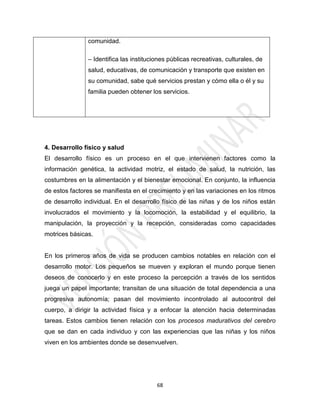 comunidad.

               – Identifica las instituciones públicas recreativas, culturales, de
               salud, educativas, de comunicación y transporte que existen en
               su comunidad, sabe qué servicios prestan y cómo ella o él y su
               familia pueden obtener los servicios.




4. Desarrollo físico y salud
El desarrollo físico es un proceso en el que intervienen factores como la
información genética, la actividad motriz, el estado de salud, la nutrición, las
costumbres en la alimentación y el bienestar emocional. En conjunto, la influencia
de estos factores se manifiesta en el crecimiento y en las variaciones en los ritmos
de desarrollo individual. En el desarrollo físico de las niñas y de los niños están
involucrados el movimiento y la locomoción, la estabilidad y el equilibrio, la
manipulación, la proyección y la recepción, consideradas como capacidades
motrices básicas.


En los primeros años de vida se producen cambios notables en relación con el
desarrollo motor. Los pequeños se mueven y exploran el mundo porque tienen
deseos de conocerlo y en este proceso la percepción a través de los sentidos
juega un papel importante; transitan de una situación de total dependencia a una
progresiva autonomía; pasan del movimiento incontrolado al autocontrol del
cuerpo, a dirigir la actividad física y a enfocar la atención hacia determinadas
tareas. Estos cambios tienen relación con los procesos madurativos del cerebro
que se dan en cada individuo y con las experiencias que las niñas y los niños
viven en los ambientes donde se desenvuelven.




                                         68
 
