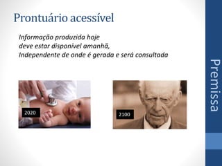 Prontuário acessível
Premissa
2020 2100
Informação produzida hoje
deve estar disponível amanhã,
Independente de onde é gerada e será consultada
 