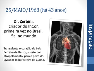 25/MAIO/1968 (há 43 anos)
Dr. Zerbini,
criador do InCor,
primeira vez no Brasil,
5a. no mundo
Transplanta o coração de Luis
Ferreira de Barros, morto por
atropelamento, para o peito do
lavrador João Ferreira de Cunha.
Inspiração
 