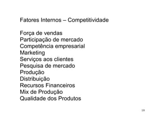 Fatores Internos – Competitividade

Força de vendas
Participação de mercado
Competência empresarial
Marketing
Serviços aos clientes
Pesquisa de mercado
Produção
Distribuição
Recursos Financeiros
Mix de Produção
Qualidade dos Produtos
                                     19
 