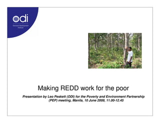 Making REDD work for the poor
Presentation by Leo Peskett (ODI) for the Poverty and Environment Partnership
                 (PEP) meeting, Manila, 10 June 2008, 11.00-12.45
 