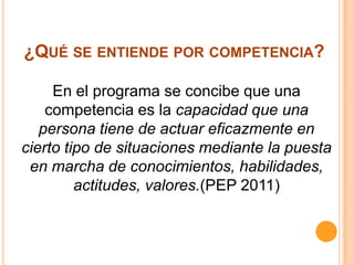 ¿QUÉ SE ENTIENDE POR COMPETENCIA?

     En el programa se concibe que una
    competencia es la capacidad que una
   persona tiene de actuar eficazmente en
cierto tipo de situaciones mediante la puesta
 en marcha de conocimientos, habilidades,
         actitudes, valores.(PEP 2011)
 