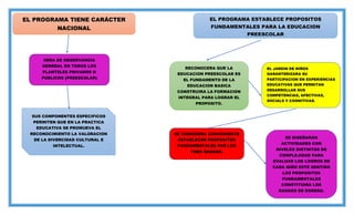 EL PROGRAMA TIENE CARÁCTER
NACIONAL
EL PROGRAMA ESTABLECE PROPOSITOS
FUNDAMENTALES PARA LA EDUCACION
PREESCOLAR
SERA DE OBSERVANCIA
GENERAL EN TODOS LOS
PLANTELES PRIVADOS O
PUBLICOS (PREESCOLAR)
SUS COMPONENTES ESPECIFICOS
PERMITEN QUE EN LA PRACTICA
EDUCATIVA SE PROMUEVA EL
RECONOCIMIENTO LA VALORACION
DE LA DIVERCIDAD CULTURAL E
INTELECTUAL.
RECONOCERA QUE LA
EDUCACION PREESCOLAR ES
EL FUNDAMENTO DE LA
EDUCACION BASICA
CONSTRUIRA LA FORMACION
INTEGRAL PARA LOGRAR EL
PROPOSITO.
EL JARDIN DE NIÑOS
GARANTERIZARA SU
PARTICIPACION EN EXPERIENCIAS
EDUCATIVAS QUE PERMITAN
DESARROLLAR SUS
COMPETENCIAS, AFECTIVAS,
SOCIALS Y COGNITIVAS.
SE CONSIDERA CONVENIENTE
ESTABLECER PROPOSITOS
FUNDAMENTALES PAR LOS
TRES GRADOS.
SE DISEÑARÁN
ACTIVIDADES CON
NIVELES DISTINTOS DE
COMPLEJIDAD PARA
EVALUAR LOS LOGROS DE
CADA NIÑO ESTE SENTIDO
LOS PROPOSITOS
FUNDAMENTALES
CONSTITUIRA LOS
RASGOS DE EGRESO.
 