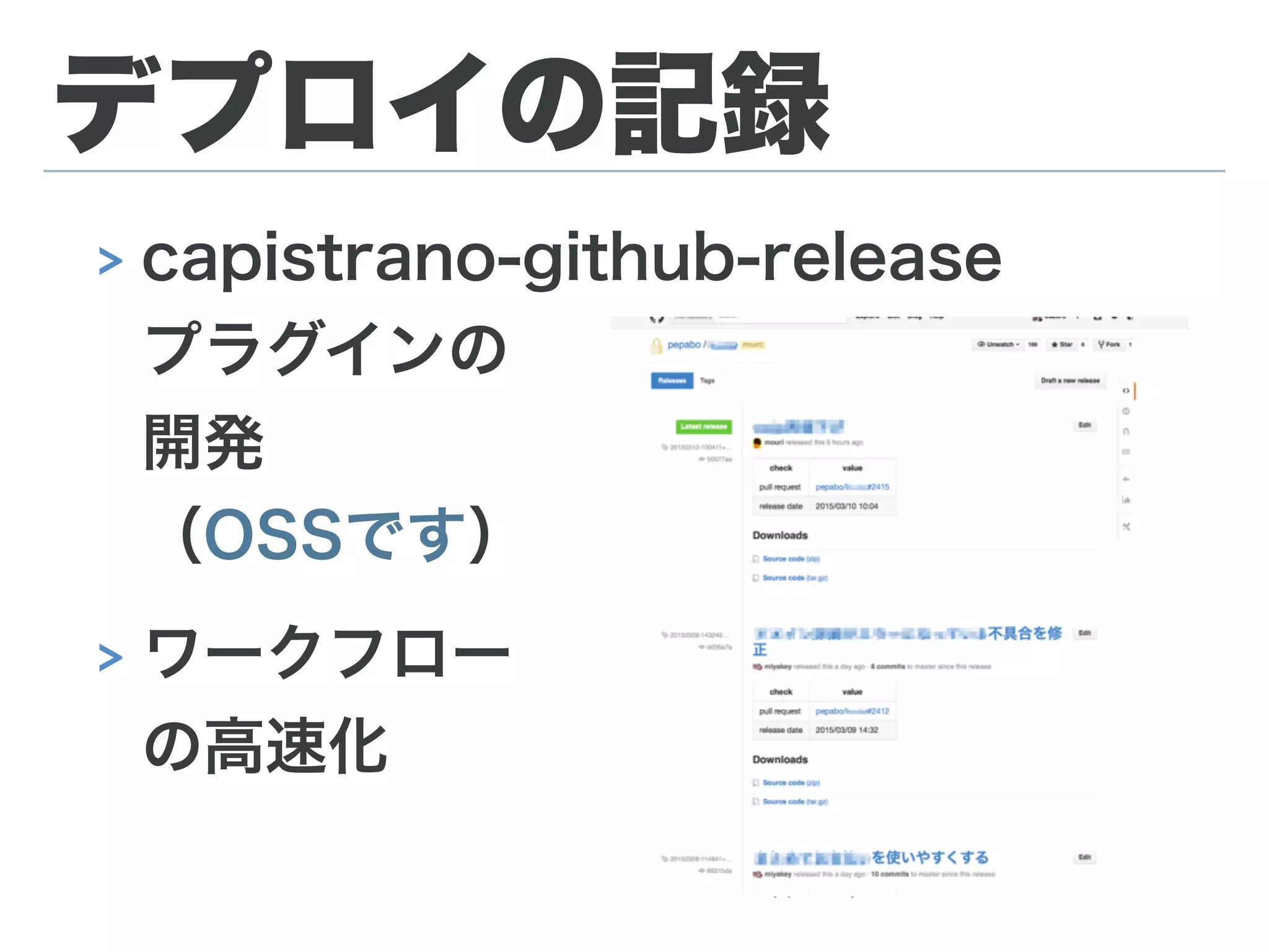 デプロイの記録
> capistrano-github-release 
プラグインの 
開発 
（OSSです）
> ワークフロー 
の高速化
 