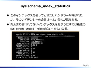 sys.schema̲index̲statistics
どのインデックスを使ってどれだけハンドラーが呼ばれた
か、そのレイテンシーの合計は…というのが⾒られる。
あんまり使われてないインデックスをあぶりだすのは後述の
sys.schema_unused_indexesビューでもいける。
mysql> SELECT * FROM sys.schema_index_statisticsG
*************************** 1. row ***************************
table_schema: xxxxxxx
table_name: quiz_xxxxxxxx
index_name: idx_xxxxxxxxx
rows_selected: 352020501193
select_latency: 5.83 d
rows_inserted: 0
insert_latency: 0 ps
rows_updated: 0
update_latency: 0 ps
rows_deleted: 0
delete_latency: 0 ps
1 row in set (0.04 sec)
14/69
 