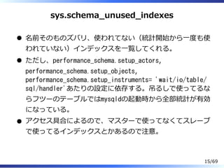 sys.schema̲unused̲indexes
名前そのものズバリ、使われてない（統計開始から⼀度も使
われていない）インデックスを⼀覧してくれる。
ただし、performance_schema.setup_actors,
performance_schema.setup_objects,
performance_schema.setup_instruments= 'wait/io/table/
sql/handler'あたりの設定に依存する。吊るしで使ってるな
らフツーのテーブルではmysqldの起動時から全部統計が有効
になっている。
アクセス具合によるので、マスターで使ってなくてスレーブ
で使ってるインデックスとかあるので注意。
15/69
 