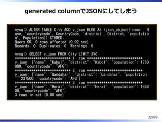generated columnでJSONにしてしまう
mysql> ALTER TABLE City ADD v_json BLOB AS (json_object('name', N
ame, 'countrycode', CountryCode, 'district', District, 'populatio
n', Population)) STORED;
Query OK, 0 rows affected (0.02 sec)
Records: 0 Duplicates: 0 Warnings: 0
mysql> SELECT v_json FROM City LIMIT 3G
*************************** 1. row ***************************
v_json: {"name": "Kabul", "district": "Kabol", "population": 1780
000, "countrycode": "AFG"}
*************************** 2. row ***************************
v_json: {"name": "Qandahar", "district": "Qandahar", "population
": 237500, "countrycode": "AFG"}
*************************** 3. row ***************************
v_json: {"name": "Herat", "district": "Herat", "population": 1868
00, "countrycode": "AFG"}
3 rows in set (0.00 sec)
32/69
 