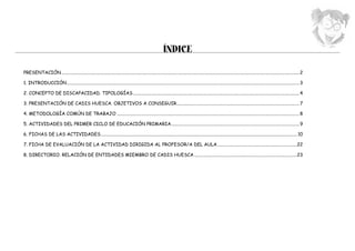ÍNDICE

PRESENTACIÓN............................................................................................................................................................................................................... 2

1. INTRODUCCIÓN.......................................................................................................................................................................................................... 3

2. CONCEPTO DE DISCAPACIDAD. TIPOLOGÍAS................................................................................................................................................. 4

3. PRESENTACIÓN DE CADIS HUESCA. OBJETIVOS A CONSEGUIR. ......................................................................................................... 7
                                                      .

4. METODOLOGÍA común de trabajo............................................................................................................................................................... 8

5. ACTIVIDADES del primer ciclo de educación primaria............................................................................................................... 9
                                                     .

6. FICHAS DE LAS ACTIVIDADES.......................................................................................................................................................................... 10
                            .

7. FICHA DE EVALUACIÓN DE LA ACTIVIDAD DIRIGIDA AL PROFESOR/A DEL AULA......................................................................22

8. DIRECTORIO. RELACIÓN DE ENTIDADES miembro DE CADIS HUESCA..........................................................................................23
 