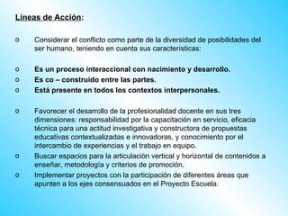 Líneas de Acción : Considerar el conflicto como parte de la diversidad de posibilidades del ser humano, teniendo en cuenta sus características: Es un proceso interaccional con nacimiento y desarrollo. Es co – construido entre las partes. Está presente en todos los contextos interpersonales. Favorecer el desarrollo de la profesionalidad docente en sus tres dimensiones: responsabilidad por la capacitación en servicio, eficacia técnica para una actitud investigativa y constructora de propuestas educativas contextualizadas e innovadoras, y conocimiento por el intercambio de experiencias y el trabajo en equipo. Buscar espacios para la articulación vertical y horizontal de contenidos a enseñar, metodología y criterios de promoción. Implementar proyectos con la participación de diferentes áreas que apunten a los ejes consensuados en el Proyecto Escuela. 