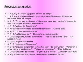 Proyectos por grados: 1º A, B, C y D: “Juegos y juguetes a través del tiempo” 2º A, B, C y D: “Proyecto Literario 2010” – Camino al Bicentenario “El agua, un recurso de todos los tiempos” 3º A y B: “Por un país sin dengue” – “Libros para crear, leer y escribir” – “Juegos de ayer y de siempre” (Proyecto Bicentenario) 4º A y B: “Mujeres del Bicentenario” 5º A y B: “Haciendo memoria a días del Bicentenario” – “Mundial 2010” 6º A y B: “Un país en transformación” 7º A y B: “La fábrica de pan” – “El derecho al medio ambiente” 3º C y D: “El gaucho, nuestra cuna cultural” – “Más allá del planeta Tierra” – “Los juegos de mesa” 4º C y D: “Mujeres con Historia” 5º C y D: “Mujeres del Bicentenario” 6º C y D: “Si puedo comprender, es más fácil leer” – “La convivencia” – “Pensar en el otro y valorar lo que tenemos” – “Feria de los inmigrantes” – “Crisol de Razas” 7º C y D: “Encuentro de culturas” – “Dejame que te cuente” – “Animación a la lectura” 5º, 6º y 7º Turno Mañana y Tarde: “Un distintivo para nuestra Escuela” 