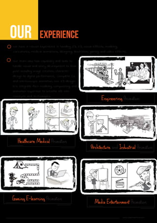 experience
We have a robust experience in handling 2D, 3D, visual effects, modeling,
caricatures, medical animations, designing, illustration, gaming and video effects.
Our team also has capability and skills to
handle visual and story development to final
post including image creation, character
design to digital performance, complete CG
and stereoscopic animation. Our 3D design-
ers integrate their modeling, compositing, and
animation expertise to breathe life into
concepts and technologies.
www.pepcreations.com
Healthcare Medical Animation
Gaming E-learning Animation Media Entertainment Animation
Engineering Animation
Architecture and Industrial Animation
Our
 