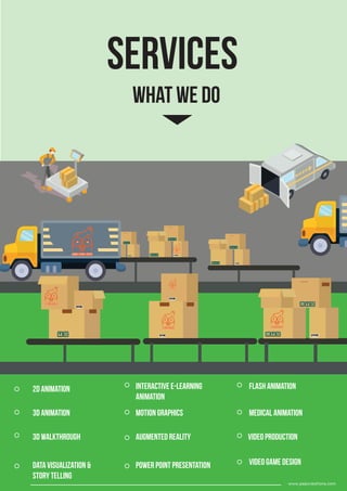 Services
WHAT WE DO
2D Animation
3D Animation
3D Walkthrough
Data Visualization &
Story telling
Interactive E-Learning
Animation
Motion Graphics
Augmented Reality
Flash Animation
Medical Animation
Video Game DesignPower Point PRESENTATION
Video Production
www.pepcreations.com
 