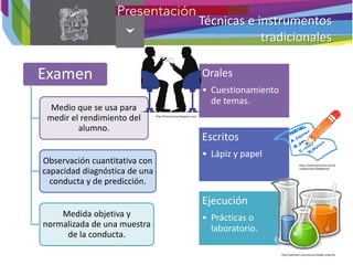 Técnicas e instrumentos
tradicionales
Examen
Medio que se usa para
medir el rendimiento del
alumno.
Observación cuantitativa con
capacidad diagnóstica de una
conducta y de predicción.
Medida objetiva y
normalizada de una muestra
de la conducta.
Orales
• Cuestionamiento
de temas.
Escritos
• Lápiz y papel
Ejecución
• Prácticas o
laboratorio.
http://instruevalua.blogspot.com/
https://www.pinterest.com/pi
n/546413367259085654/
http://pixshark.com/science-beaker-png.htm
 