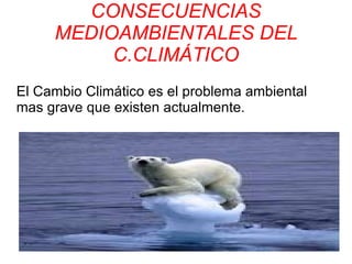 CONSECUENCIAS
     MEDIOAMBIENTALES DEL
          C.CLIMÁTICO
El Cambio Climático es el problema ambiental
mas grave que existen actualmente.
 