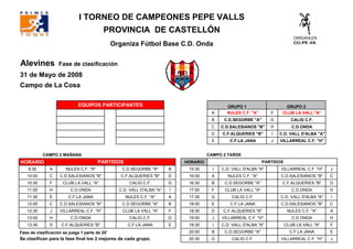 I TORNEO DE CAMPEONES PEPE VALLS
                                           PROVINCIA DE CASTELLÓN
                                                Organiza Fútbol Base C.D. Onda

Alevines            Fase de clasificación
31 de Mayo de 2008
Campo de La Cosa

                              EQUIPOS PARTICIPANTES                                            GRUPO 1                    GRUPO 2
                                                                                        A      NULES C.F. quot;Aquot;       F    CLUB LA VALL quot;Aquot;
                                                                                                                                      quot;Aquot;
                                                                                        B     C.D.SEGORBE quot;Aquot;       G          CALIG C.F.
                                                                                        C    C.D.SALESIANOS quot;Bquot;     H          C.D.ONDA
                                                                                        D    C.F.ALQUERIES quot;Bquot;      I   C.D. VALL D'ALBA quot;Aquot;
                                                                                        E       C.F.LA JANA         J   VILLARREAL C.F. quot;Hquot;


           CAMPO 2 MAÑANA                                                              CAMPO 2 TARDE
HORARIO                                 PARTIDOS                             HORARIO                             PARTIDOS
    9:30       A       NULES C.F. quot;Aquot;              C.D.SEGORBE quot;Aquot;       B    15:30      I   C.D. VALL D'ALBA quot;Aquot;       VILLARREAL C.F. quot;Hquot;    J
   10:00       C    C.D.SALESIANOS quot;Bquot;             C.F.ALQUERIES quot;Bquot;     D    16:00     A      NULES C.F. quot;Aquot;           C.D.SALESIANOS quot;Bquot;     C
   10:30       F      CLUB LA VALL quot;Aquot;                CALIG C.F.         G    16:30     B     C.D.SEGORBE quot;Aquot;            C.F.ALQUERIES quot;Bquot;     D
   11:00       H          C.D.ONDA                C.D. VALL D'ALBA quot;Aquot;   I    17:00     F     CLUB LA VALL quot;Aquot;                 C.D.ONDA        H
   11:30       E         C.F.LA JANA                NULES C.F. quot;Aquot;       A    17:30     G        CALIG C.F.             C.D. VALL D'ALBA quot;Aquot;   I
   12:00       C    C.D.SALESIANOS quot;Bquot;             C.D.SEGORBE quot;Aquot;       B    18:00     E        C.F.LA JANA            C.D.SALESIANOS quot;Bquot;     C
   12:30       J    VILLARREAL C.F. quot;Hquot;            CLUB LA VALL quot;Aquot;      F    18:30     D    C.F.ALQUERIES quot;Bquot;               NULES C.F. quot;Aquot;    A
   13:00       H          C.D.ONDA                    CALIG C.F.         G    19:00      J   VILLARREAL C.F. quot;Hquot;               C.D.ONDA        H
   13:30       D     C.F.ALQUERIES quot;Bquot;                C.F.LA JANA        E    19:30      I   C.D. VALL D'ALBA quot;Aquot;           CLUB LA VALL quot;Aquot;   F
Fase de clasificación se juega 1 parte de 25'                                 20:00     B     C.D.SEGORBE quot;Aquot;                 C.F.LA JANA      E
Se clasifican para la fase final los 2 mejores de cada grupo.                 20:30     G        CALIG C.F.             VILLARREAL C.F. quot;Hquot;    J