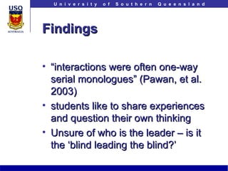 Findings “ interactions were often one-way serial monologues” (Pawan, et al. 2003)  students like to share experiences and question their own thinking Unsure of who is the leader – is it the ‘blind leading the blind?’ 