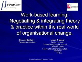 Work-based learning: Negotiating & integrating theory & practice within the real world of organisational change. Dr. Jane Bridger Lesley J. Moore Research Associate.   Senior Lecturer   Florence Nightingale Scholar Churchill Fellow   Fellow of the Higher Education   Academy   FRSA 