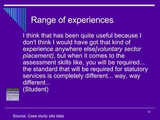 Range of experiences I think that has been quite useful because I don't think I would have got that kind of experience anywhere else [voluntary sector placement) , but when it comes to the assessment skills like, you will be required... the standard that will be required for statutory services is completely different... way, way different...  (Student) Source: Case study site data 