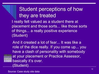 Student perceptions of how they are treated I really felt valued as a student there at placement and those sorts... like those sorts of things... a really positive experience (Student) And it created a lot of fear... It was like a role of the dice really. If you come up... you have a clash of personality with somebody at your placement or Practice Assessor, basically it’s over. (Student) Source: Case study site data 