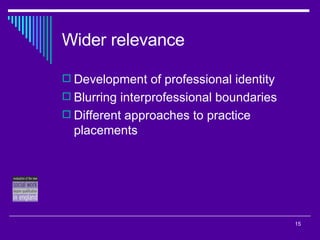 Wider relevance Development of professional identity Blurring interprofessional boundaries  Different approaches to practice placements 