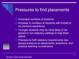 Pressures to find placements Increased numbers of students Increase in numbers of students with limited or no previous experience Younger students may be more likely to be placed in non-statutory settings to help them adjust Pressure to fulfil statutory requirements has placed pressure on placements, assessors, and practice learning co-ordinators Source: Case study site data 