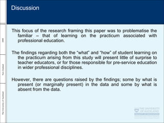This focus of the research framing this paper was to problematise the familiar – that of learning on the practicum associated with professional education.  The findings regarding both the “what” and “how” of student learning on the practicum arising from this study will present little of surprise to teacher educators, or for those responsible for pre-service education in wider professional disciplines.  However, there are questions raised by the findings; some by what is present (or marginally present) in the data and some by what is absent from the data.   Discussion 