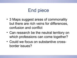 End piece 3 Maps suggest areas of commonality but there are rich veins for differences, confusion and conflict Can research be the neutral territory on which professions can come together? Could we focus on substantive cross-border issues? 