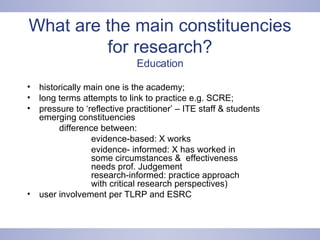 What are the main constituencies for research? Education historically main one is the academy; long terms attempts to link to practice e.g. SCRE;  pressure to ‘reflective practitioner’ – ITE staff & students emerging constituencies  difference between:  evidence-based: X works evidence- informed: X has worked in  some circumstances &  effectiveness  needs prof. Judgement research-informed: practice approach  with critical research perspectives) user involvement per TLRP and ESRC  