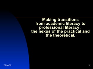 Making transitions  from academic literacy to  professional literacy:  the nexus of the practical and the theoretical. 