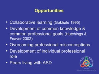 Opportunities Collaborative learning  (Gokhale 1995) Development of common knowledge & common professional goals  (Hutchings & Feaver 2002) Overcoming professional misconceptions Development of individual professional role Peers living with ASD 