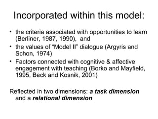 Incorporated within this model: the criteria associated with opportunities to learn (Berliner, 1987, 1990),  and the values of “Model II” dialogue (Argyris and Schon, 1974) Factors connected with cognitive & affective engagement with teaching (Borko and Mayfield, 1995, Beck and Kosnik, 2001) Reflected in two dimensions:  a task dimension  and a  relational dimension 