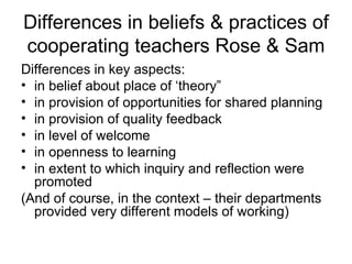 Differences in beliefs & practices of cooperating teachers Rose & Sam Differences in key aspects: in belief about place of ‘theory” in provision of opportunities for shared planning in provision of quality feedback in level of welcome in openness to learning in extent to which inquiry and reflection were promoted (And of course, in the context – their departments provided very different models of working) 