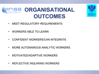 ORGANISATIONAL OUTCOMES MEET REGULATORY REQUIREMENTS WORKERS ABLE TO LEARN CONFIDENT WORKERS/CAN INTEGRATE MORE AUTONAMOUS ANALYTIC WORKERS MOTIVATED/ADAPTIVE WORKERS REFLECTIVE INQUIRING WORKERS 