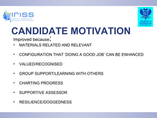 CANDIDATE MOTIVATION Improved because : MATERIALS RELATED AND RELEVANT CONFIGURATION THAT ‘DOING A GOOD JOB’ CAN BE ENHANCED VALUED/RECOGNISED GROUP SUPPORT/LEARNING WITH OTHERS CHARTING PROGRESS SUPPORTIVE ASSESSOR RESILIENCE/DOGGEDNESS 