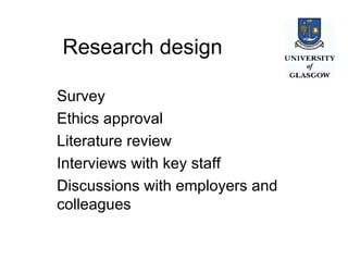 Research design Survey Ethics approval Literature review Interviews with key staff Discussions with employers and colleagues 