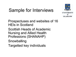 Sample for Interviews Prospectuses and websites of 16 HEIs in Scotland Scottish Heads of Academic Nursing and Allied Health Professions (SHANAHP) Snowballing  Targetted key individuals 