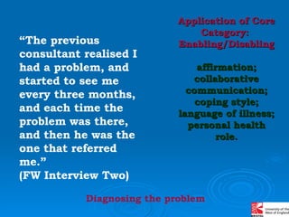 “ The previous consultant realised I had a problem, and started to see me every three months, and each time the problem was there, and then he was the one that referred me.”  (FW Interview Two) Application of Core Category:  Enabling/Disabling affirmation; collaborative communication; coping style; language of illness; personal health role. Diagnosing the problem 