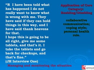 “ R  I have been told what has happened I do not really want to know what is wrong with me. They have said if they can hold things in this way, and I have said thank heavens for that.  I hope this is going to be all right, give me some tablets, and that’s it. I take the tablets and go back for checkups, and that’s fine.”  (JH Interview One) Managing and monitoring the situation Application of Core Category:  Enabling/Disabling collaborative communication; coping style; personal health role. 