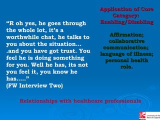 “ R oh yes, he goes through the whole lot, it’s a worthwhile chat, he talks to you about the situation….and you have got trust. You feel he is doing something for you. Well he has, its not you feel it, you know he has.….”  (FW Interview Two)   Relationships with healthcare professionals Application of Core Category:  Enabling/Disabling Affirmation; collaborative communication;  language of illness; personal health role. 