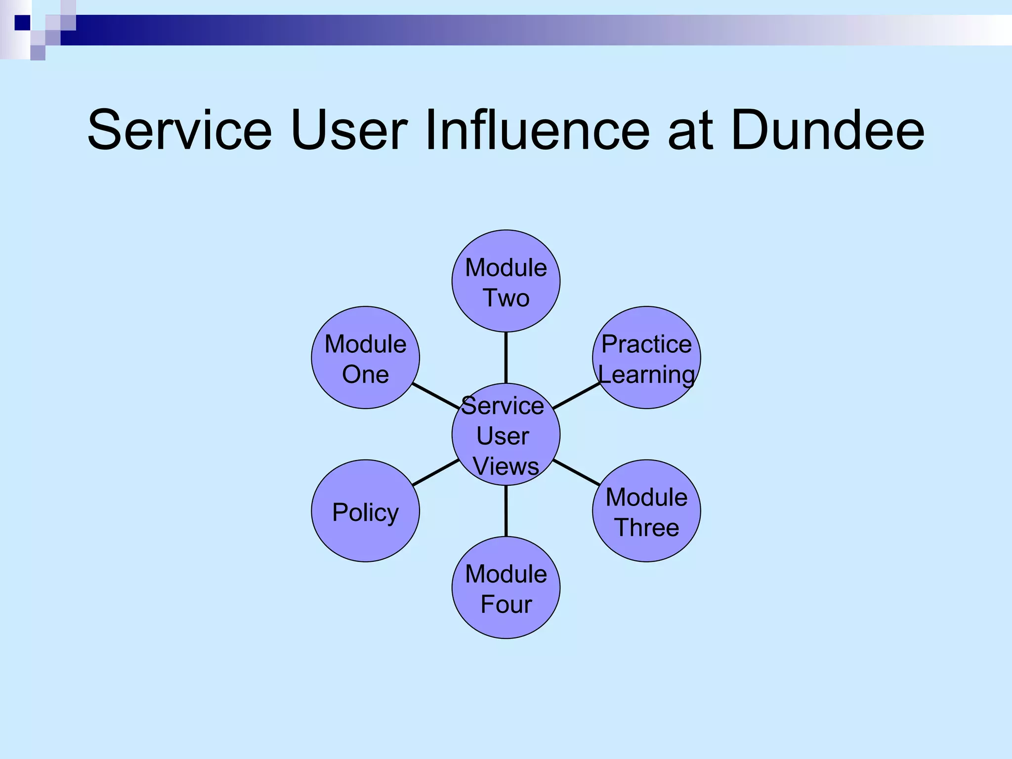 Service User Influence at Dundee Module One Policy Module Four Module Three Practice Learning Module Two Service  User  Views 