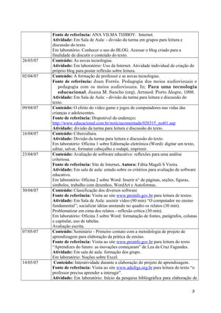 26/03/07
02/04/07

09/04/07

16/04/07

23/04/07

30/04/07

07/05/07

14/05/07

Fonte de referência: ANA VILMA TIJIBOY. Internet.
Atividade: Em Sala de Aula: - divisão da turma em grupos para leitura e
discussão do texto.
Em laboratório: Conhecer o uso do BLOG. Acessar o blog criado para a
finalidade de discutir o conteúdo do texto.
Conteúdo: As novas tecnologias.
Atividade: Em laboratório: Uso da Internet. Atividade individual de criação do
próprio blog para postar reflexão sobre leitura.
Conteúdo: A formação de professor e as novas tecnologias.
Fonte de referência: Joan Ferrés. Pedagogia dos meios audiovisuais e
pedagogia com os meios audiovisuais. In: Para uma tecnologia
educacional. Juana M. Sancho (org). Artmed: Porto Alegre, 1998.
Atividade: Em Sala de Aula: - divisão da turma para leitura e discussão do
texto.
Conteúdo: O efeito do vídeo game e jogos de computadores nas vidas das
crianças e adolescentes.
Fonte de referência: Disponível do endereço:
http://www.educacional.com.br/noticiacomentada/020315_not01.asp
Atividade: divisão da turma para leitura e discussão do texto.
Conteúdo: Cibercultura.
Atividade: Divisão da turma para leitura e discussão do texto.
Em laboratório: Oficina 1 sobre Editoração eletrônica (Word): digitar um texto,
editar, salvar, formatar cabeçalho e rodapé, imprimir.
Conteúdo: Avaliação de software educativo: reflexões para uma análise
criteriosa.
Fonte de referência: Site de Internet. Autora: Fábia Magali S Vieira.
Atividade: Em sala de aula: estudo sobre os critérios para avaliação de software
educativo.
Em laboratório: Oficina 2 sobre Word: Inserir n° de páginas, seções, figuras,
símbolos, trabalho com desenhos, WordArt e Autoformas.
Conteúdo: Classificação dos diversos software
Fonte de referência: Visita ao site www.proinfo.gov.br para leitura de textos.
Atividade: Em Sala de Aula: assistir vídeo (90 min) “O computador no ensino
fundamental”; socializar idéias anotando no quadro os relatos (30 min).
Problematizar em cima dos relatos - reflexão crítica (30 min).
Em laboratório: Oficina 3 sobre Word: formatação de fontes, parágrafos, colunas
e capitular, uso de tabelas.
Avaliação escrita.
Conteúdo: Seminário - Primeiro contato com a metodologia de projeto de
aprendizagem para elaboração da prática de ensino.
Fonte de referência: Visita ao site www.proinfo.gov.br para leitura do texto
“Aprendizes do futuro: as inovações começaram” de Lea da Cruz Fagundes.
Atividade: Em sala de aula: formação dos grupo.
Em laboratório: Noções sobre Excel.
Conteúdo: Interatividade durante a elaboração do projeto de aprendizagem.
Fonte de referência: Visita ao site www.adufrgs.org.br para leitura do texto “o
professor precisa aprender a interagir”.
Atividade: Em laboratório: Início da pesquisa bibliográfica para elaboração de
3

 