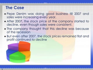  Pepe Denim was doing good business till 2007 and 
sales were increasing every year. 
 After 2007, the stock price of the company started to 
decline, even though sales were consistent. 
 The company thought that this decline was because 
of the recession 
 But even after 2007, the stock prices remained flat and 
profit continued to decline 
3 
The Case 
 