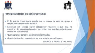 Princípios básicos do construtivismo:
 É de grande importância aquilo que a pessoa já sabe ou pensa a
respeito de determinado assunto.
 Encontrar um sentido supõe estabelecer relações: o que está na
memória não são coisas isoladas, mas coisas que guardam relações com
outras em nossa mente.
 Quem aprende constrói ativamente significados.
 Os estudantes são responsáveis por sua própria aprendizagem.
(CAMPOS & NIGRO, p.190, 1999)
10
 