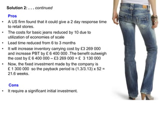 Pros
• A US firm found that it could give a 2 day response time
to retail stores.
• The costs for basic jeans reduced by 1...