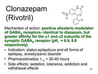 29
Clonazepam
(Rivotril)
Mechanism of action: positive allosteric modulator
of GABAA receptors- identical to diazepam, but
greater affinity for the 1 and 2 subunits of the
synaptic GABAA receptor (pKi = 8.9, 8.8
respectively)
• Indication: status epilepticus and all forms of
epilepsy, anxiety/panic disorder
• Pharmacokinetics: t ½ = 30-40 hours
• Side effects: sedation, tolerance, addiction and
withdrawal effects
 